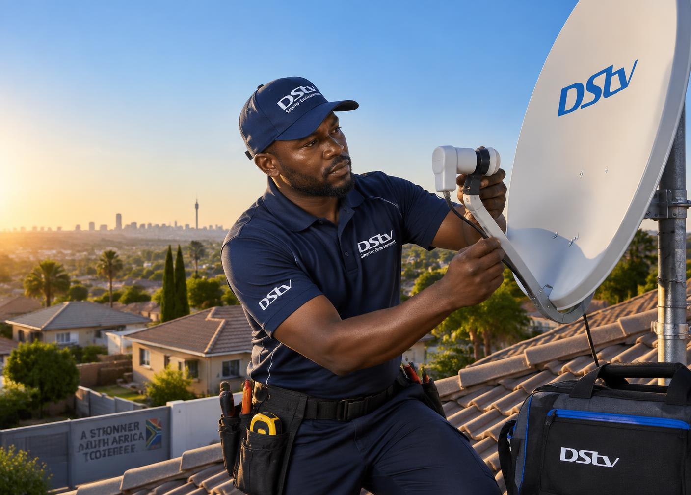DStv technician aligning a satellite dish on a Kempton Park rooftop